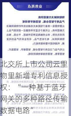 北交所上市公司云里物里新增专利信息授权：“一种基于蓝牙网关的多种路径传输数据电路”