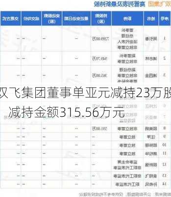 双飞集团董事单亚元减持23万股，减持金额315.56万元