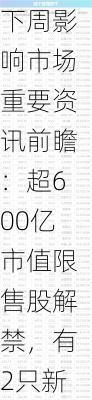 下周影响市场重要资讯前瞻：超600亿市值限售股解禁，有2只新股发行，这些投资机会靠谱