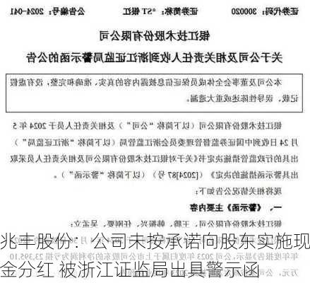 兆丰股份：公司未按承诺向股东实施现金分红 被浙江证监局出具警示函