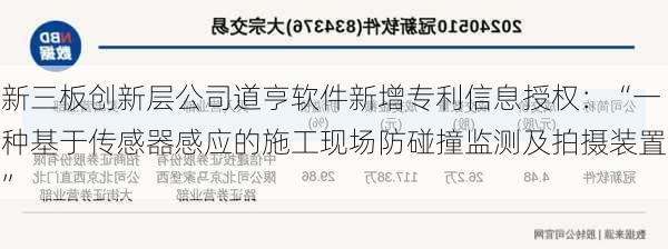 新三板创新层公司道亨软件新增专利信息授权：“一种基于传感器感应的施工现场防碰撞监测及拍摄装置”