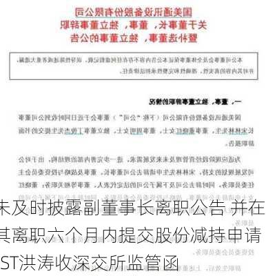 未及时披露副董事长离职公告 并在其离职六个月内提交股份减持申请 *ST洪涛收深交所监管函