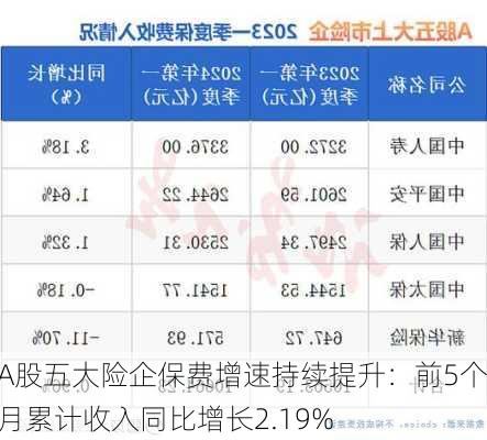 A股五大险企保费增速持续提升：前5个月累计收入同比增长2.19%