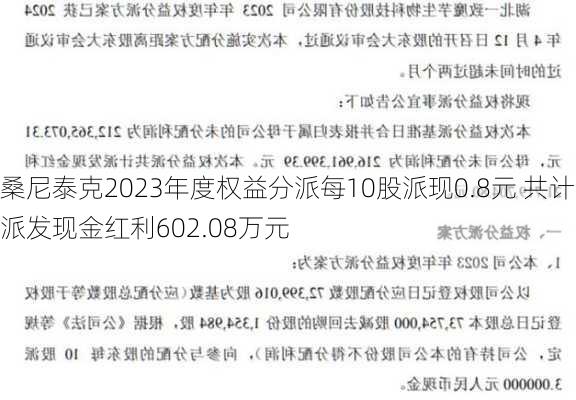 桑尼泰克2023年度权益分派每10股派现0.8元 共计派发现金红利602.08万元