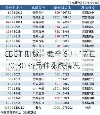 CBOT 期货：截至 6 月 17 日 20:30 各品种涨跌情况