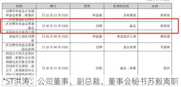 *ST洪涛：公司董事、副总裁、董事会秘书苏毅离职