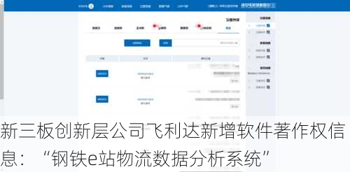 新三板创新层公司飞利达新增软件著作权信息：“钢铁e站物流数据分析系统”