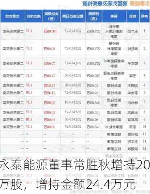 永泰能源董事常胜秋增持20万股，增持金额24.4万元