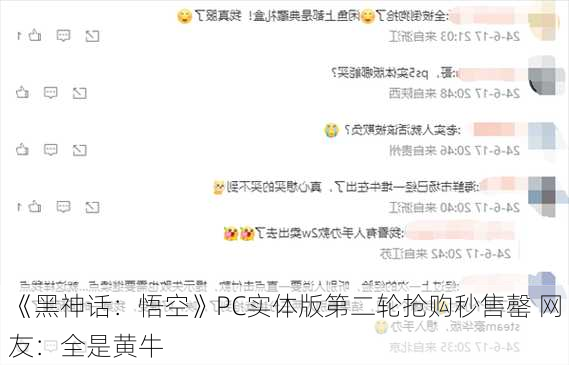 《黑神话：悟空》PC实体版第二轮抢购秒售罄 网友：全是黄牛