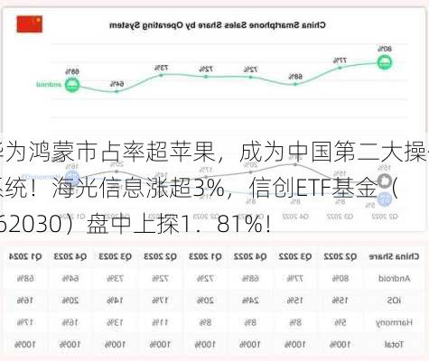 华为鸿蒙市占率超苹果，成为中国第二大操作系统！海光信息涨超3%，信创ETF基金（562030）盘中上探1．81%！