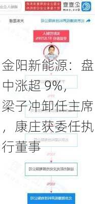 金阳新能源：盘中涨超 9%，梁子冲卸任主席，康庄获委任执行董事