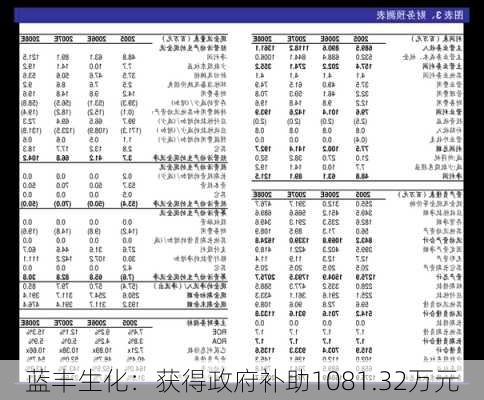 蓝丰生化：获得政府补助1081.32万元