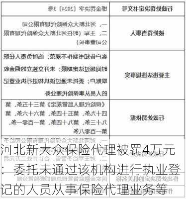 河北新大众保险代理被罚4万元：委托未通过该机构进行执业登记的人员从事保险代理业务等