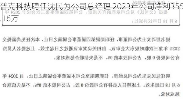 普克科技聘任沈民为公司总经理 2023年公司净利355.16万