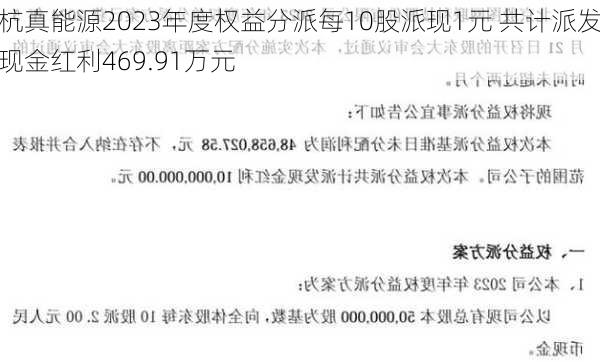 杭真能源2023年度权益分派每10股派现1元 共计派发现金红利469.91万元