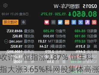 收评：恒指涨2.87% 恒生科指大涨3.65%科网股集体高涨