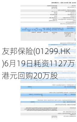 友邦保险(01299.HK)6月19日耗资1127万港元回购20万股