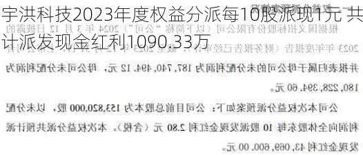 宇洪科技2023年度权益分派每10股派现1元 共计派发现金红利1090.33万