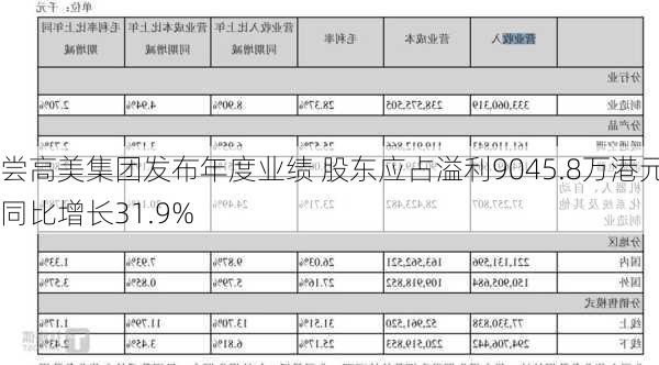 尝高美集团发布年度业绩 股东应占溢利9045.8万港元同比增长31.9%