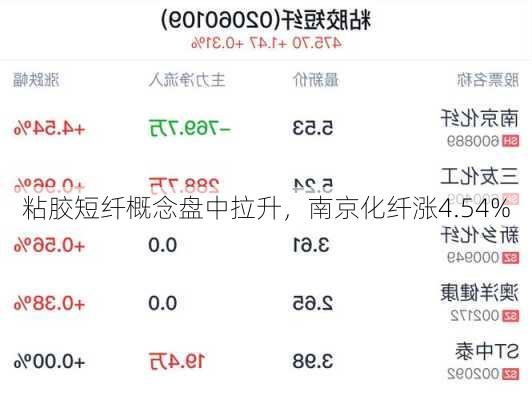 粘胶短纤概念盘中拉升，南京化纤涨4.54%