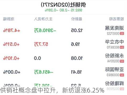 供销社概念盘中拉升，新纺退涨6.25%