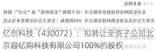 亿创科技（430072）：拟转让全资子公司北京容亿购科技有限公司100%的股权