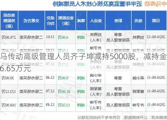 中马传动高级管理人员齐子坤减持5000股，减持金额6.65万元