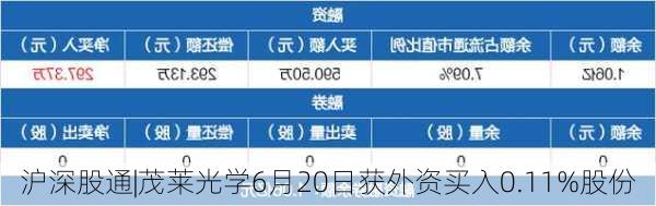 沪深股通|茂莱光学6月20日获外资买入0.11%股份