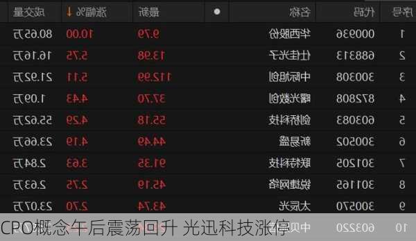 CPO概念午后震荡回升 光迅科技涨停