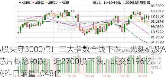 A股失守3000点！三大指数全线下跌，光刻机及AI芯片概念领跌，近2700股下跌，成交6196亿较昨日缩量1048亿