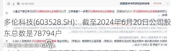 多伦科技(603528.SH)：截至2024年6月20日公司股东总数是78794户