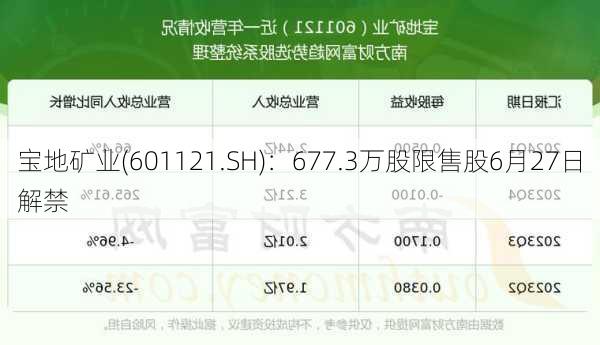 宝地矿业(601121.SH)：677.3万股限售股6月27日解禁