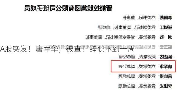 A股突发！唐军华，被查！辞职不到一周