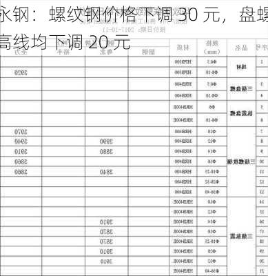 永钢：螺纹钢价格下调 30 元，盘螺高线均下调 20 元