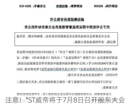 注意！*ST威帝将于7月8日召开股东大会