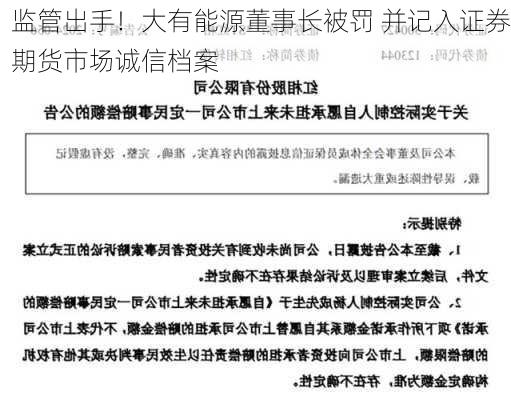 监管出手！大有能源董事长被罚 并记入证券期货市场诚信档案