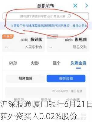 沪深股通|厦门银行6月21日获外资买入0.02%股份