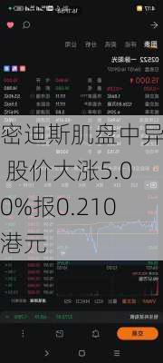 密迪斯肌盘中异动 股价大涨5.00%报0.210港元