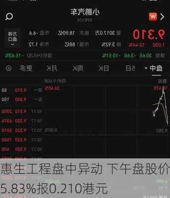 惠生工程盘中异动 下午盘股价大跌5.83%报0.210港元