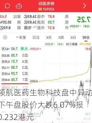 领航医药生物科技盘中异动 下午盘股价大跌6.07%报0.232港元