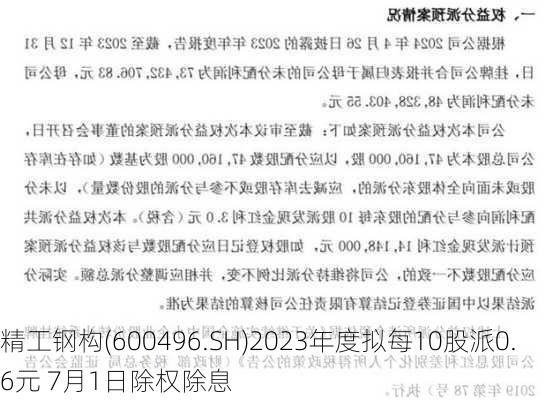 精工钢构(600496.SH)2023年度拟每10股派0.6元 7月1日除权除息