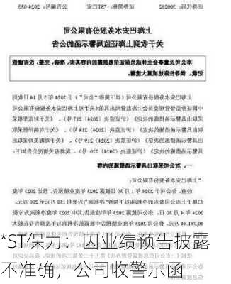 *ST保力：因业绩预告披露不准确，公司收警示函