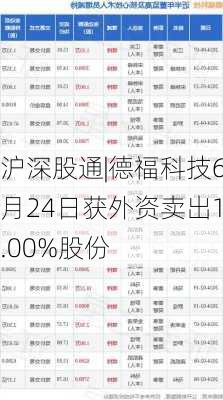 沪深股通|德福科技6月24日获外资卖出1.00%股份