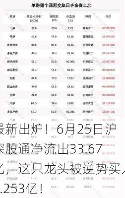 最新出炉！6月25日沪深股通净流出33.67亿，这只龙头被逆势买入2.253亿！