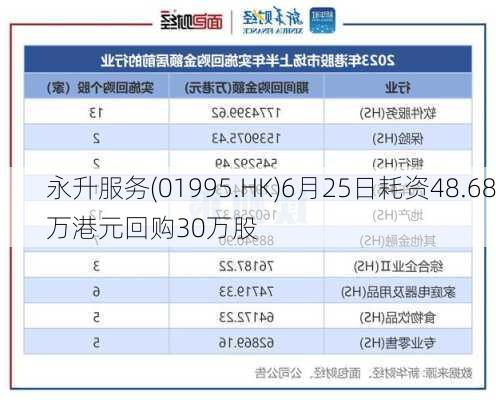 永升服务(01995.HK)6月25日耗资48.68万港元回购30万股