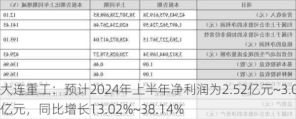 大连重工：预计2024年上半年净利润为2.52亿元~3.08亿元，同比增长13.02%~38.14%