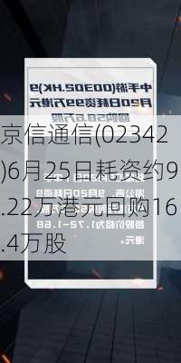 京信通信(02342)6月25日耗资约9.22万港元回购16.4万股