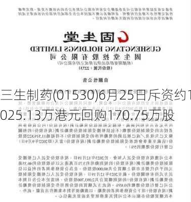 三生制药(01530)6月25日斥资约1025.13万港元回购170.75万股