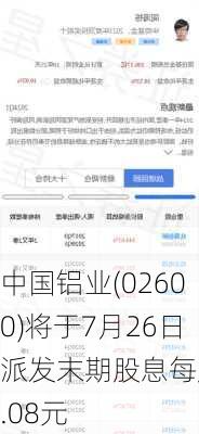 中国铝业(02600)将于7月26日派发末期股息每股0.08元