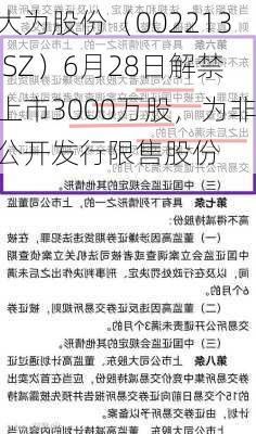 大为股份（002213.SZ）6月28日解禁上市3000万股，为非公开发行限售股份